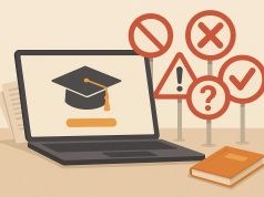 Laptop with graduation cap, diploma, and books representing online degree selection mistakes