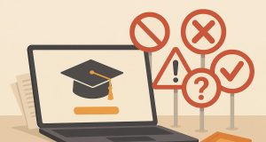Laptop with graduation cap, diploma, and books representing online degree selection mistakes