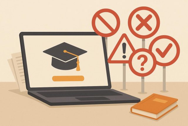 5 Common Mistakes to Avoid when Choosing an Online Degree Laptop with graduation cap, diploma, and books representing online degree selection mistakes