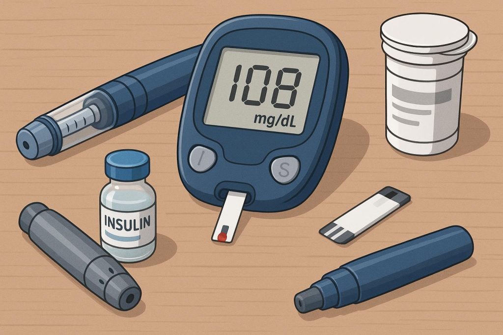 Blood glucose meter and insulin pen illustrating Type-1 diabetes management and monitoring