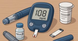 Blood glucose meter and insulin pen illustrating Type-1 diabetes management and monitoring