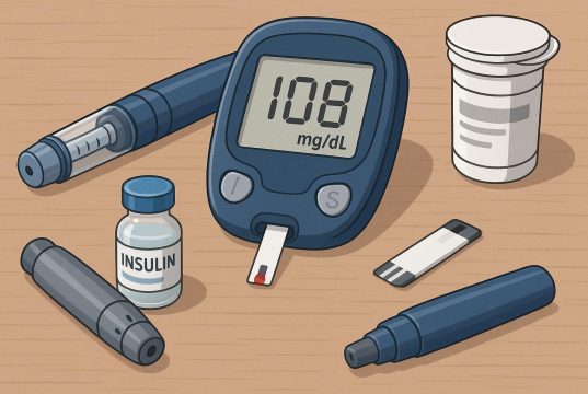 Blood glucose meter and insulin pen illustrating Type-1 diabetes management and monitoring