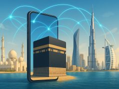 Modern Gulf city skyline with digital technology icons highlighting tourism and innovation