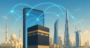 Modern Gulf city skyline with digital technology icons highlighting tourism and innovation