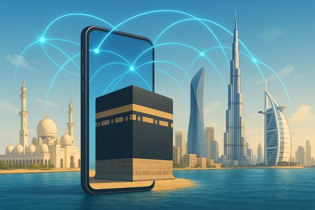 Tourism and Digital Growth: How Cities in the Gulf and Middle East Are Redefining Tourism Modern Gulf city skyline with digital technology icons highlighting tourism and innovation