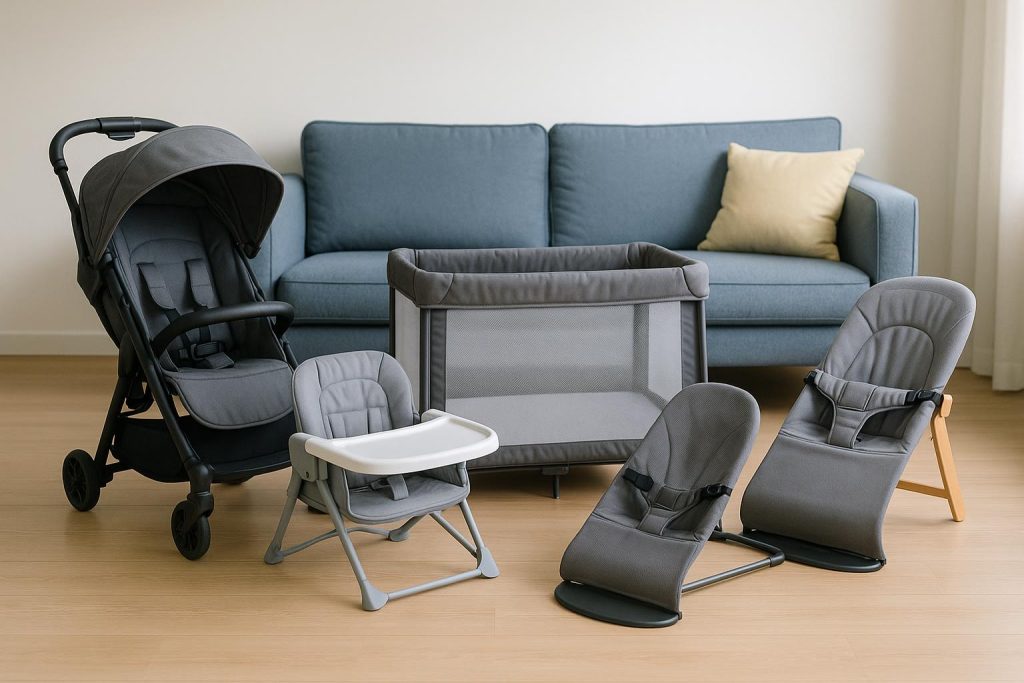 Compact baby stroller, foldable crib, space-saving high chair, and baby gear in modern condo setting