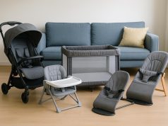 Compact baby stroller, foldable crib, space-saving high chair, and baby gear in modern condo setting