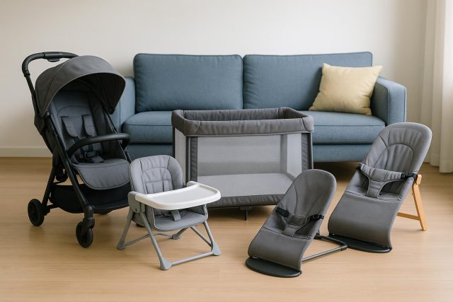 5 Must-Have Compact & Functional Baby Gear for Condo Living Compact baby stroller, foldable crib, space-saving high chair, and baby gear in modern condo setting