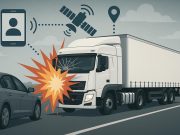 Semi-truck on highway with digital navigation overlay, illustrating technology’s impact on accidents