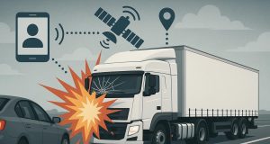 Semi-truck on highway with digital navigation overlay, illustrating technology’s impact on accidents