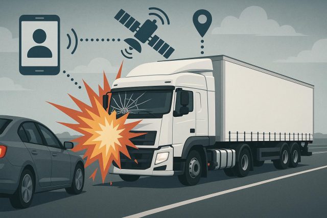 How Technology Has Contributed To A Rise In Truck Accidents Semi-truck on highway with digital navigation overlay, illustrating technology’s impact on accidents