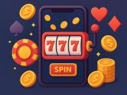 Colorful casino app interface with spinning slot reels and animated design elements on a smartphone