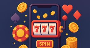 Colorful casino app interface with spinning slot reels and animated design elements on a smartphone