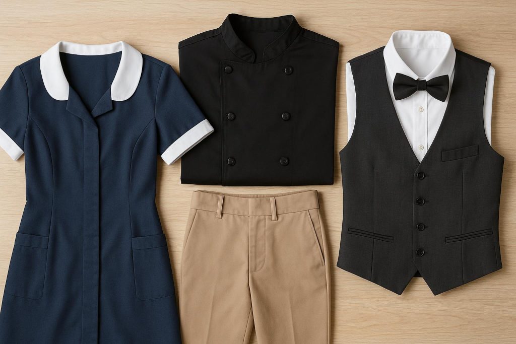 Modern hospitality staff in stylish uniforms welcoming guests at a hotel reception desk