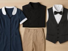 Modern hospitality staff in stylish uniforms welcoming guests at a hotel reception desk