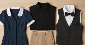 Modern hospitality staff in stylish uniforms welcoming guests at a hotel reception desk