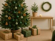 Eco-friendly Christmas condo decor with sustainable ornaments and green festive accents
