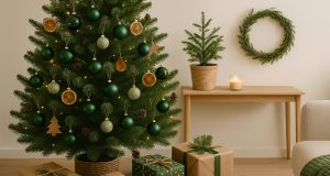 Eco-friendly Christmas condo decor with sustainable ornaments and green festive accents