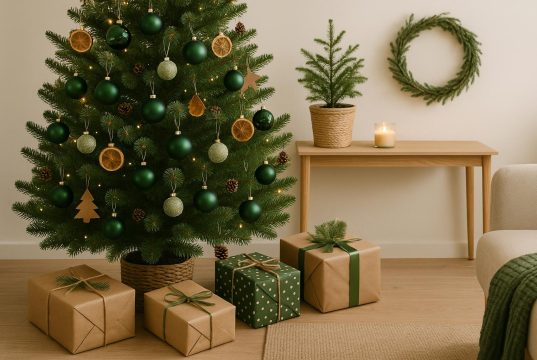 Eco-friendly Christmas condo decor with sustainable ornaments and green festive accents