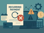 Credit card declined notification on laptop screen with financial charts for recurring payment management