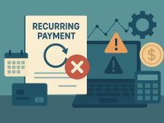 Credit card declined notification on laptop screen with financial charts for recurring payment management