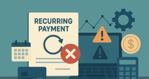 Credit card declined notification on laptop screen with financial charts for recurring payment management