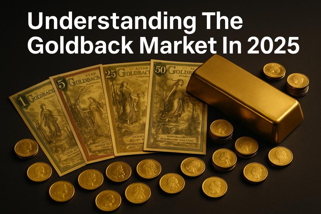 Physical Goldback notes displayed with gold bars symbolizing currency and precious metal market