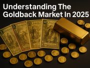Physical Goldback notes displayed with gold bars symbolizing currency and precious metal market