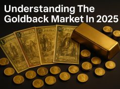 Physical Goldback notes displayed with gold bars symbolizing currency and precious metal market
