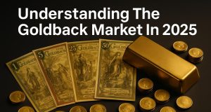Physical Goldback notes displayed with gold bars symbolizing currency and precious metal market