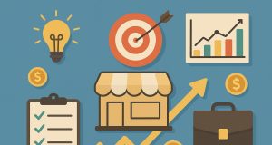 Small business owner reviewing financial documents at desk in modern office workspace