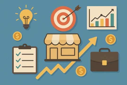 Small business owner reviewing financial documents at desk in modern office workspace