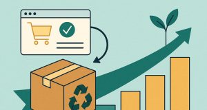 Shopping cart with returned products and upward arrow symbolizing business growth opportunities