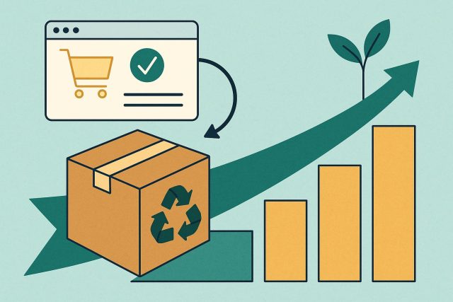 What Happens When Customer Returns Are Treated as Growth Opportunities Shopping cart with returned products and upward arrow symbolizing business growth opportunities