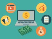 Laptop with dollar bills and coins, representing online earning and making money from home