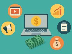 Laptop with dollar bills and coins, representing online earning and making money from home