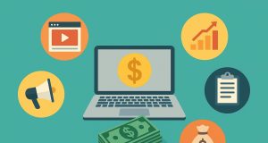 Laptop with dollar bills and coins, representing online earning and making money from home