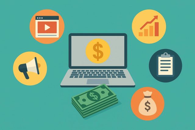 Laptop with dollar bills and coins, representing online earning and making money from home