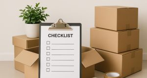 Packed moving boxes and household items in a bright living room, ready for home relocation