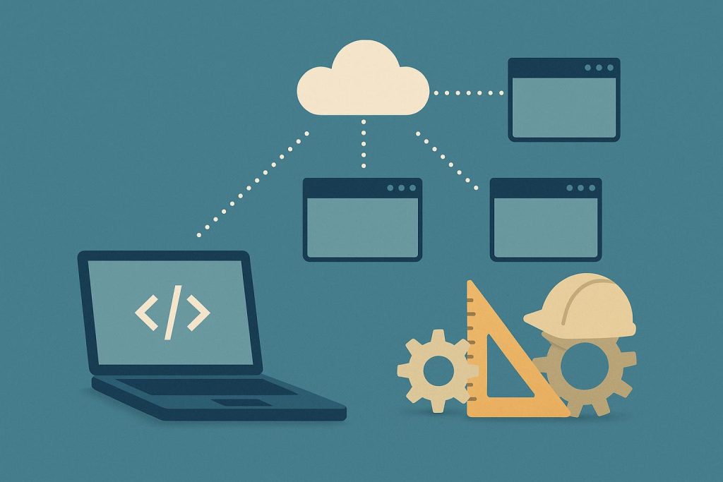 Modern building engineering team collaborating on digital blueprints and project planning tools