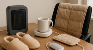 Cozy home office setup with heated blanket, desk heater, and warm lighting for winter comfort