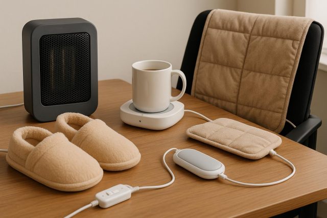 Cozy home office setup with heated blanket, desk heater, and warm lighting for winter comfort