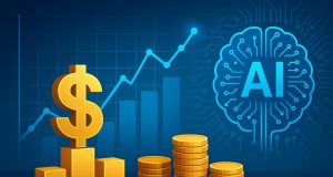 Digital financial data and AI technology symbols representing financial expertise in the AI economy