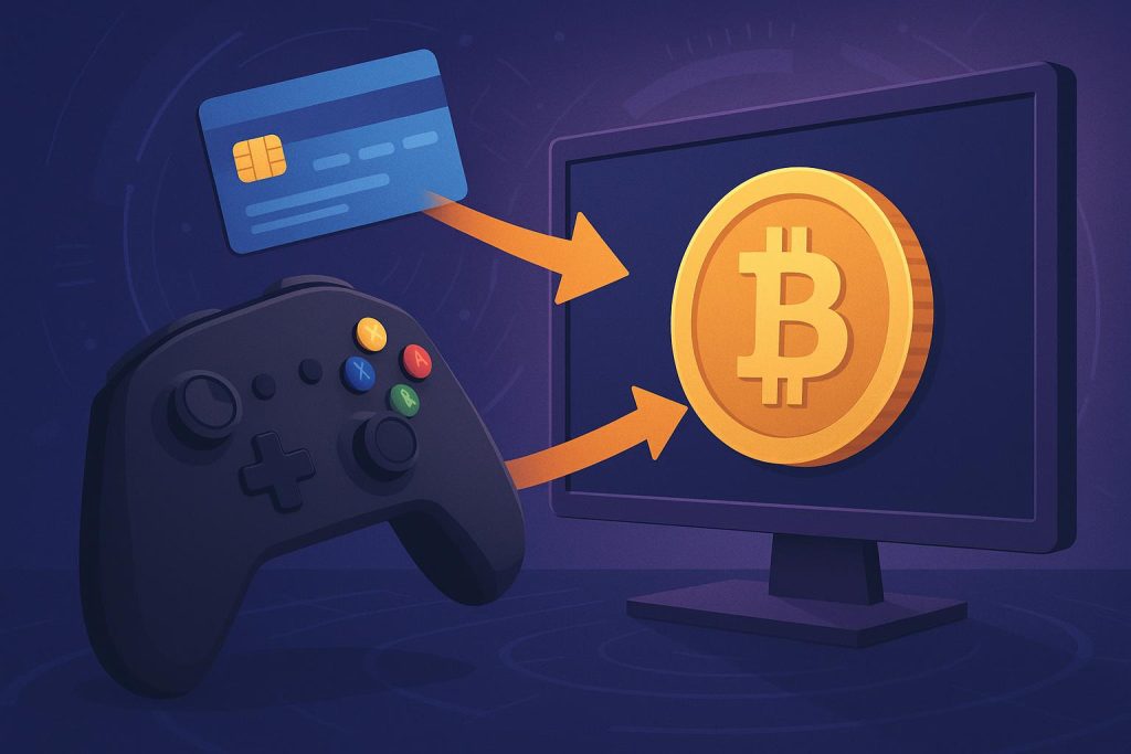 Cryptocurrency symbols and gaming controllers illustrating fast payments in online gaming