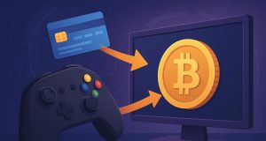 Cryptocurrency symbols and gaming controllers illustrating fast payments in online gaming