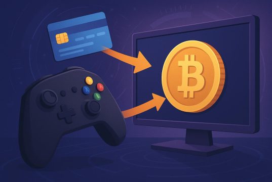 Cryptocurrency symbols and gaming controllers illustrating fast payments in online gaming