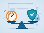 Abstract representation of cybersecurity shield balancing with website speed performance indicators