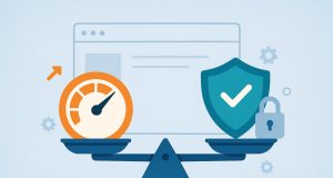 Abstract representation of cybersecurity shield balancing with website speed performance indicators