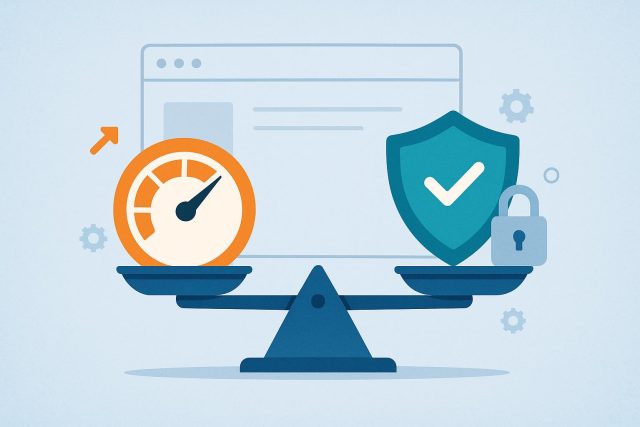 Abstract representation of cybersecurity shield balancing with website speed performance indicators