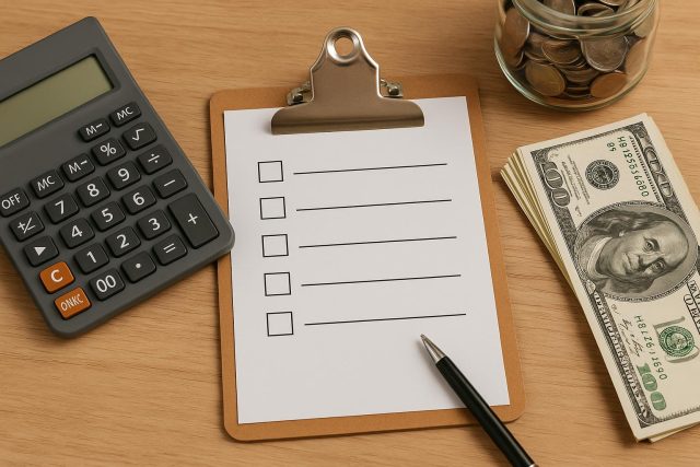 Personal budgeting planner, calculator, and notepad for financial check-in before major decisions